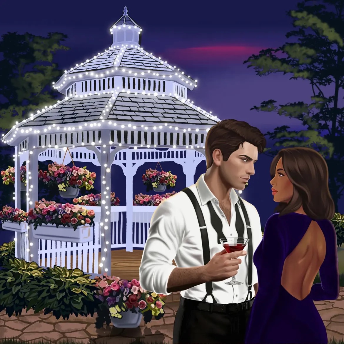 Character design: couple at a lit gazebo