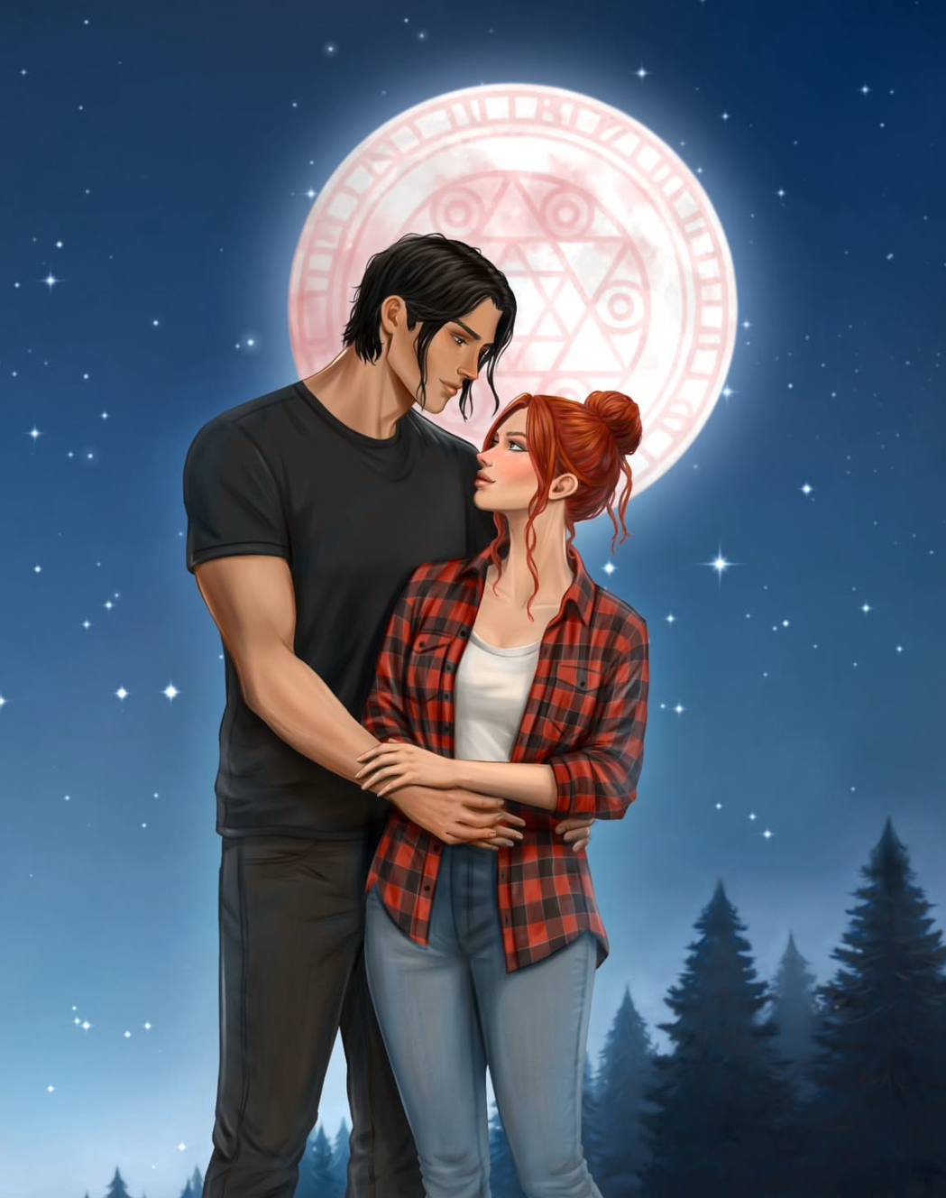 Character design: couple under a pink moon