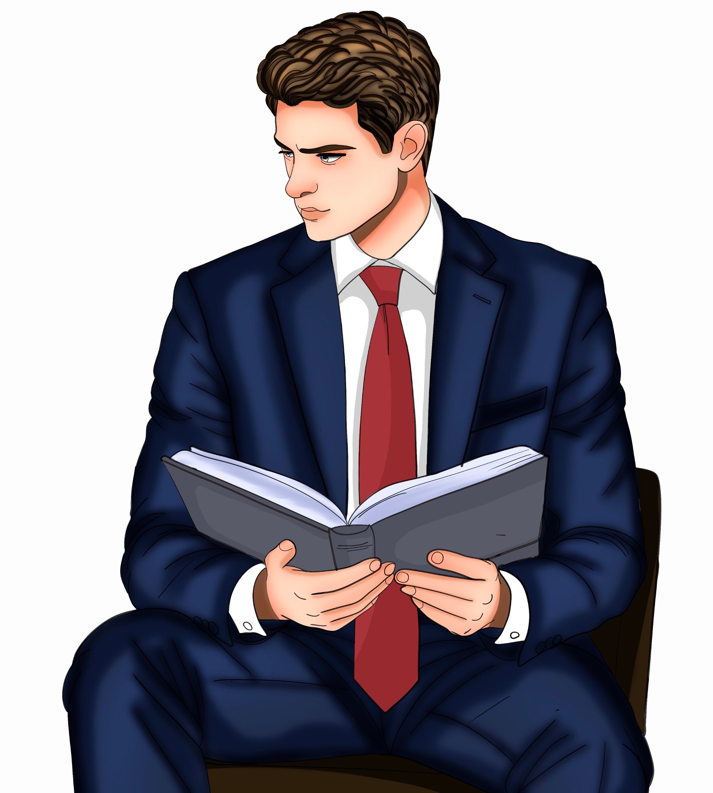 Character design: man in a navy suit reading