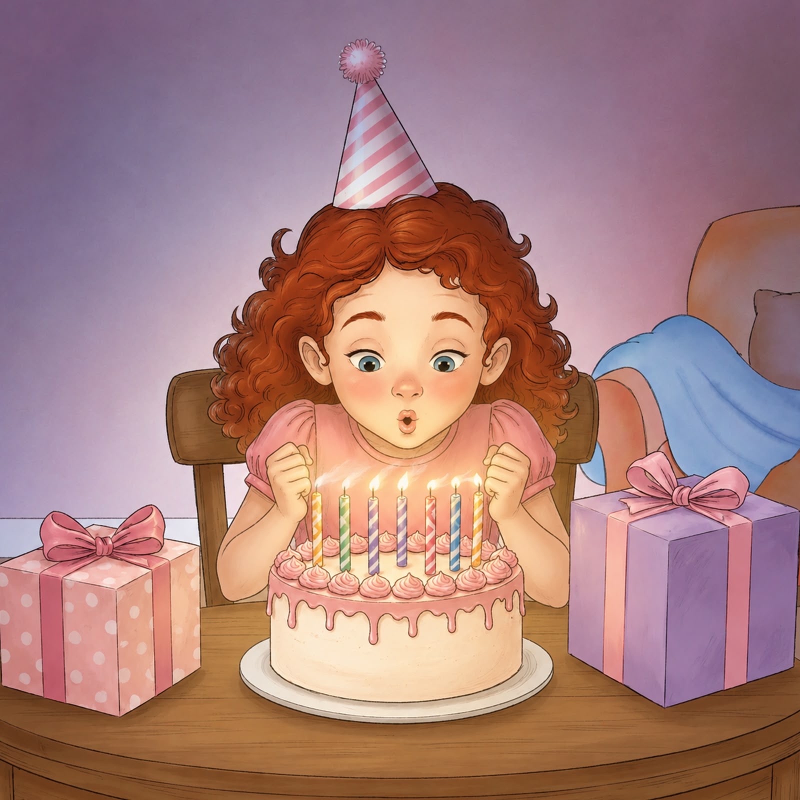 Children's book illustration: girl blowing out birthday candles