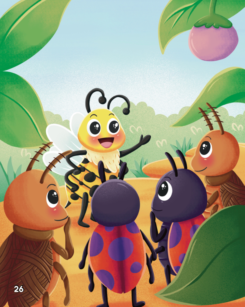 Children's book illustration: a bee talking with beetles and ladybugs