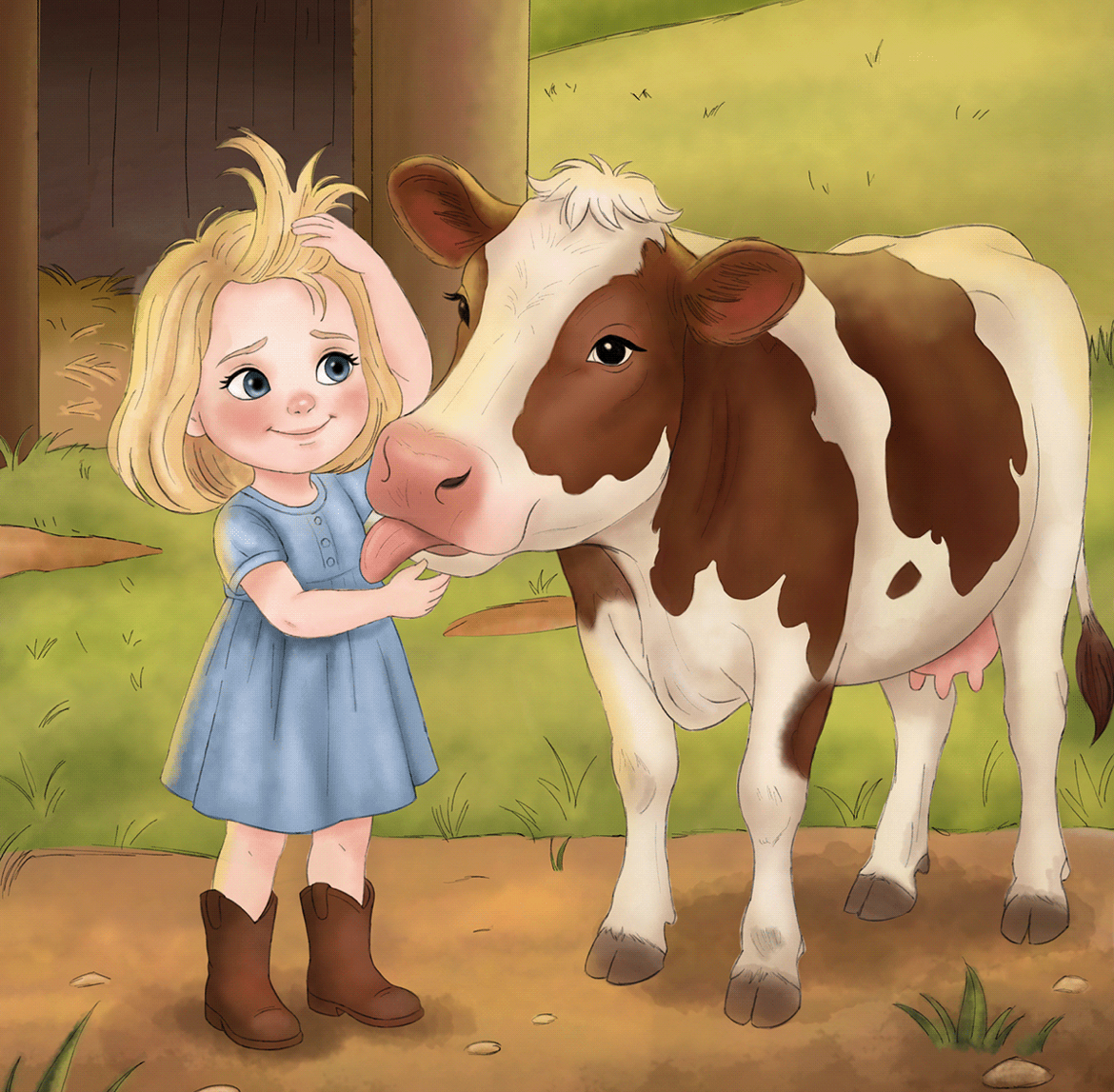 Children's book illustration: little girl and a friendly cow