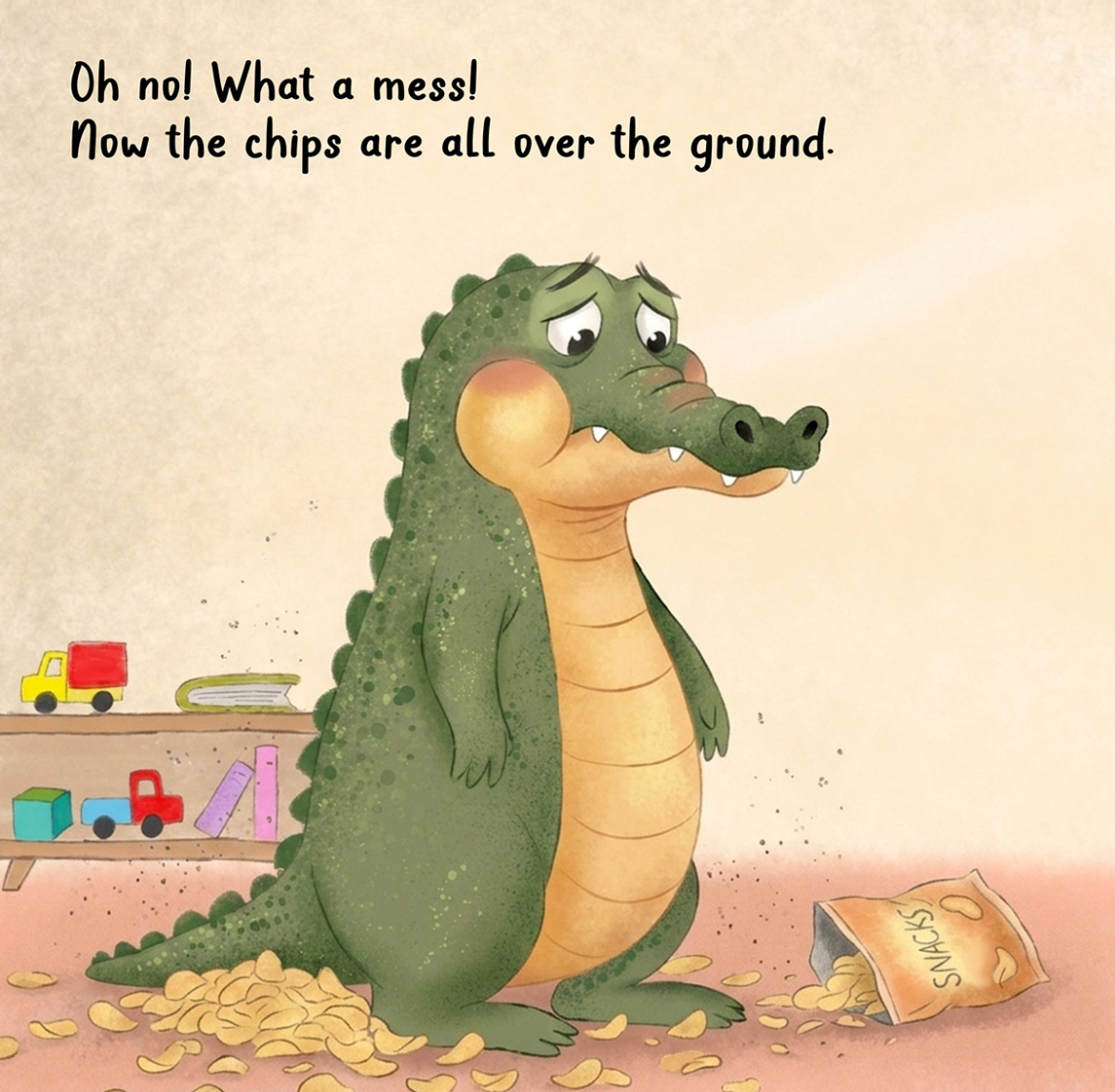 Children's book illustration: crocodile looking at a mess of chips