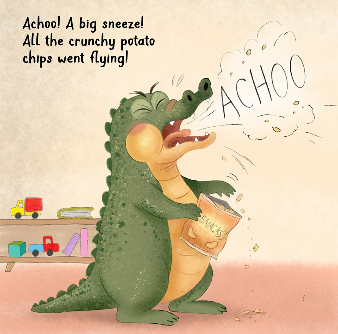 Children's book illustration: crocodile sneezing potato chips