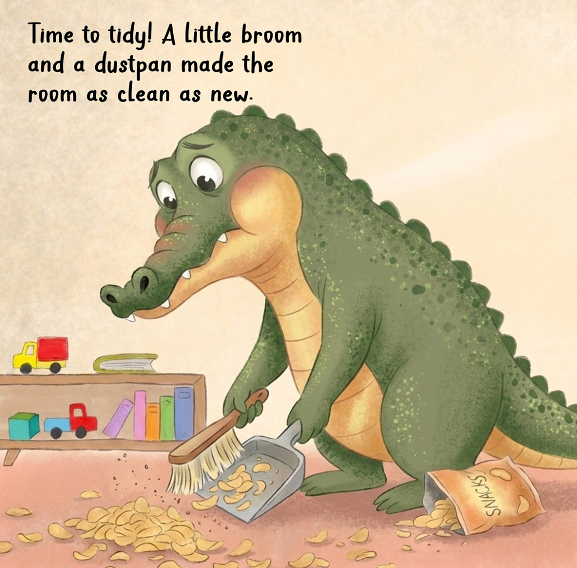 Children's book illustration: crocodile sweeping up