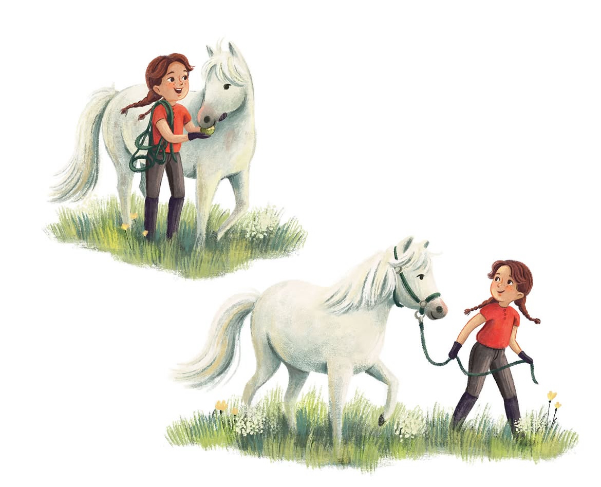 Children's book illustration: girl and her white pony