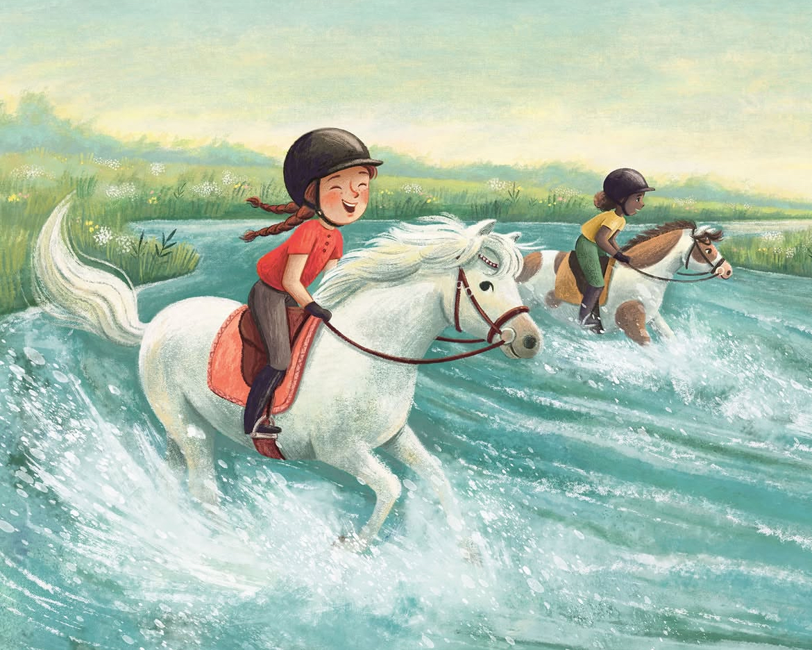 Children's book illustration: two girls riding ponies through a river