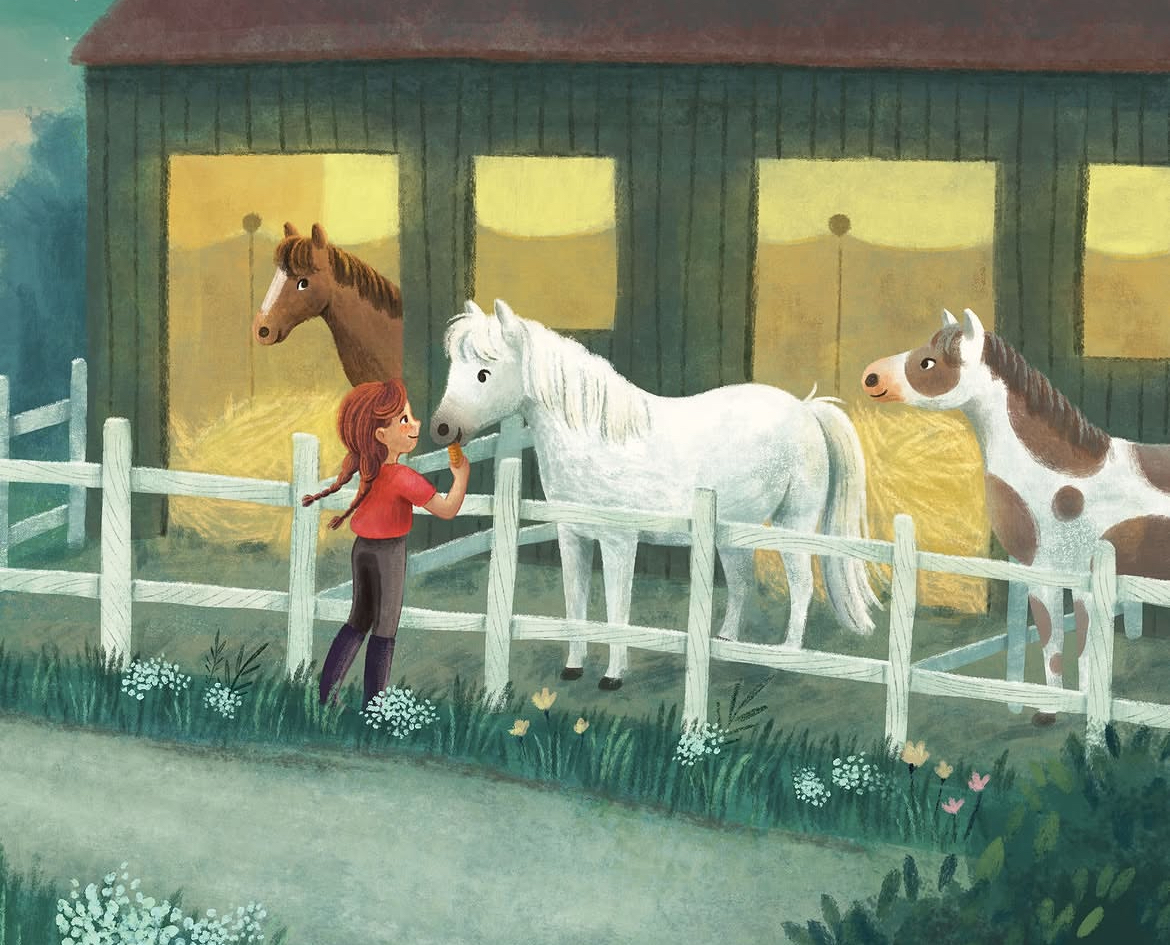 Children's book illustration: girl feeding a pony at the stable