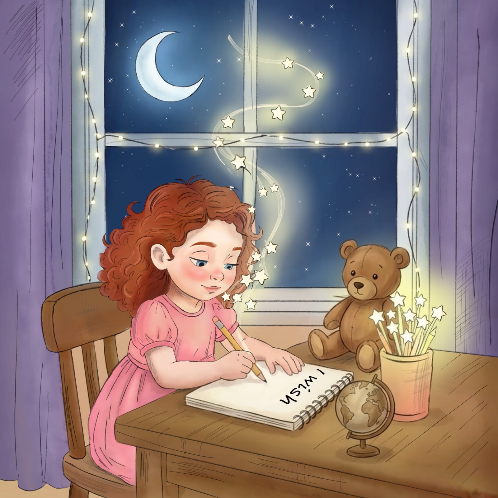 Children's book illustration: girl writing a wish by the window